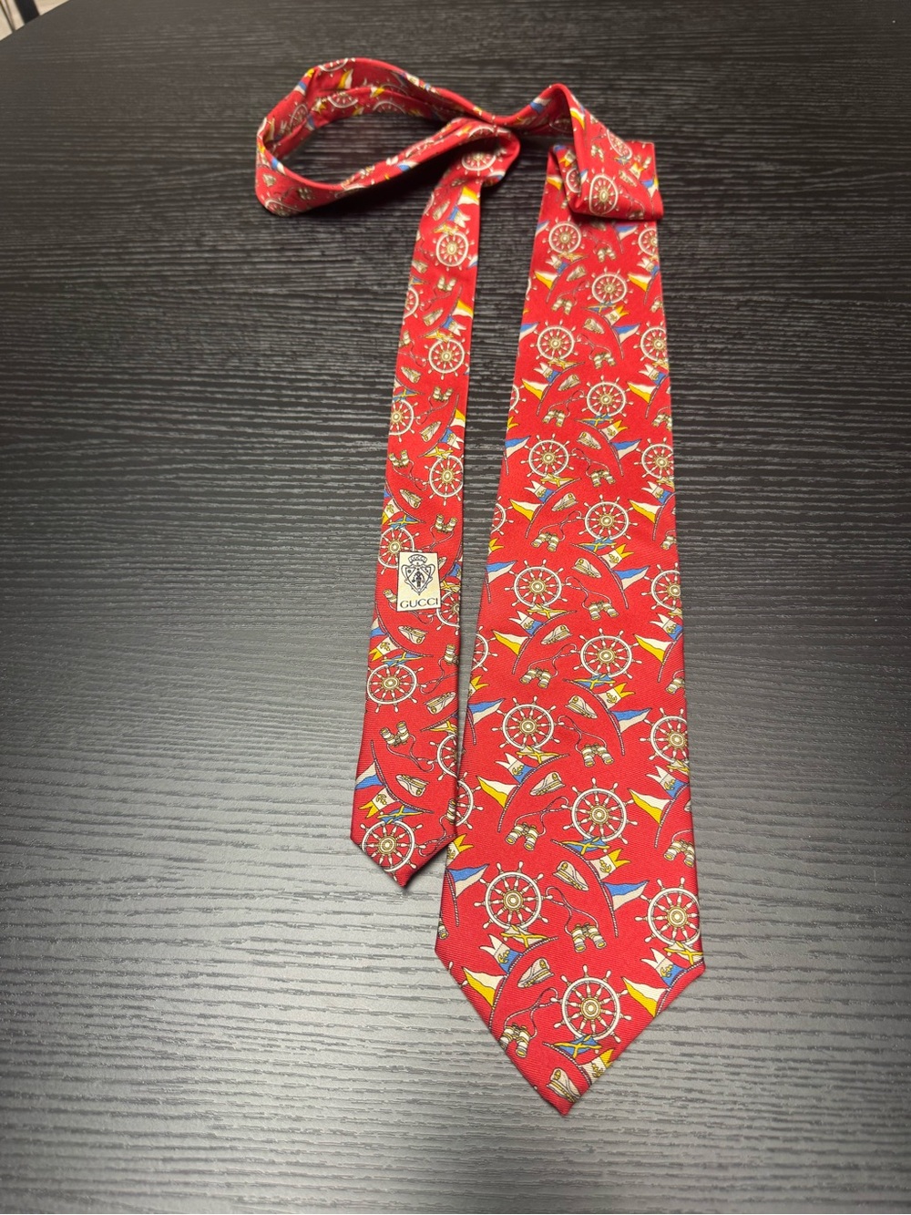 Gucci Red Silk Tie with Nautical Wheel & Flag Motif